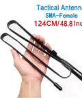 High Gain Foldable CS Tactical SMA Female Ham Radio Antenna in hand, 48.8 inch length, for VHF UHF 144 to 430 MHz, outdoor ready.