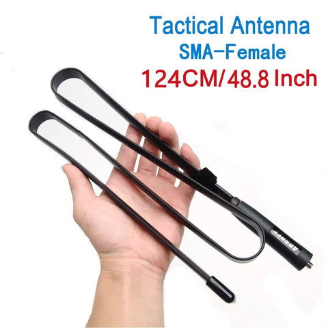 High Gain Foldable CS Tactical SMA Female Ham Radio Antenna in hand, 48.8 inch length, for VHF UHF 144 to 430 MHz, outdoor ready.
