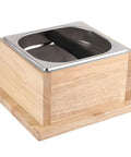 Top Shelf Stainless Steel Coffee Knock Box With Solid Wood Base Massive Grounds Bin for espresso puck disposal.