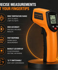 Non Contact Infrared Thermometer Gun With Laser Pointer And Backlit LCD Fast Half Second Readings From Minus 58 To 752 Degrees Fahrenheit Built For Cooking HVAC And Auto DIY Boss Level Quick Readouts, orange handheld