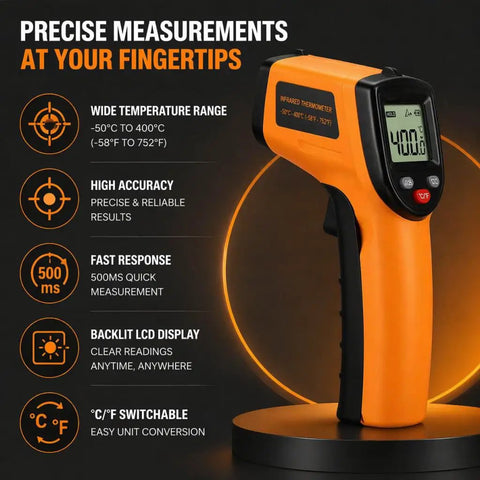 Non Contact Infrared Thermometer Gun With Laser Pointer And Backlit LCD Fast Half Second Readings From Minus 58 To 752 Degrees Fahrenheit Built For Cooking HVAC And Auto DIY Boss Level Quick Readouts, orange handheld