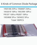 All In One Electronic Component Kit With 1390 Pieces Including LED Diodes, Metal Film Resistors, Electrolytic Capacitors, Ceramic Capacitors, Common Diodes And Transistors In Handy Storage Box, displaying common diode package.