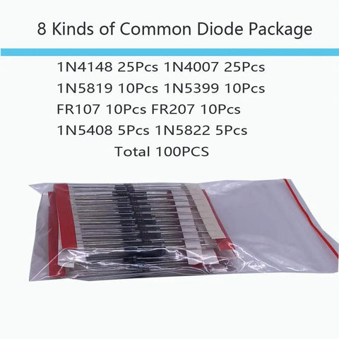 All In One Electronic Component Kit With 1390 Pieces Including LED Diodes, Metal Film Resistors, Electrolytic Capacitors, Ceramic Capacitors, Common Diodes And Transistors In Handy Storage Box, displaying common diode package.