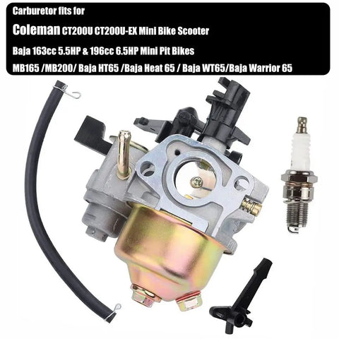 Carburetor For Powersports 196cc CT200U CT200U-EX with gaskets, fuel line, and filter, shown in detailed product display.