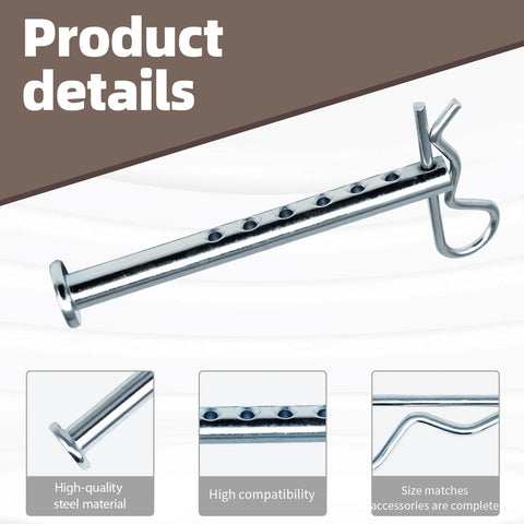 R Clip And Clevis Pin Set With One Quarter Inch Diameter And Two And A Half Inch Length Includes Six Clevis Pins And Six R Clips Built To Last Rust Resistant For Home Farm And Automotive Applications All Purpose Quick Install Ready To Go, shown in detail with quality steel material