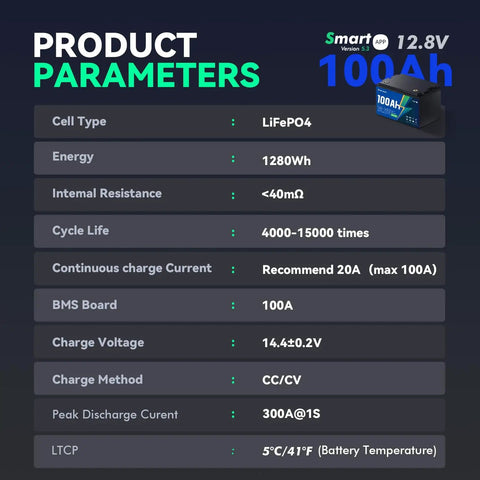 12V 100Ah Bluetooth LiFePO4 Battery For Deep Cycle Power Built To Last Ready To Roll For RVs Trolling Motors Yachts And Solar Setups Ultra Lightweight And Compact With 15,000 Charging Cycles product parameters chart