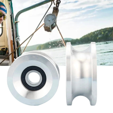 Heavy Duty U Channel Metal Pulley Wheel With Center Bearing 85 Mm Diameter For Lifting, Cable Guidance, And Line Routing, 20 Mm Center Bore Rigging Sheave installed on rope hoist