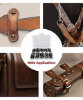 Badass Grip Chicago Screws And Round Flat Head Leather Rivets Assortment Pack With Slick Dark Steel Coating Plus Eight Size Options To Handle Any Heavy Craft Work Or Footwear Fix Right Up showcased in various applications on leather bags.