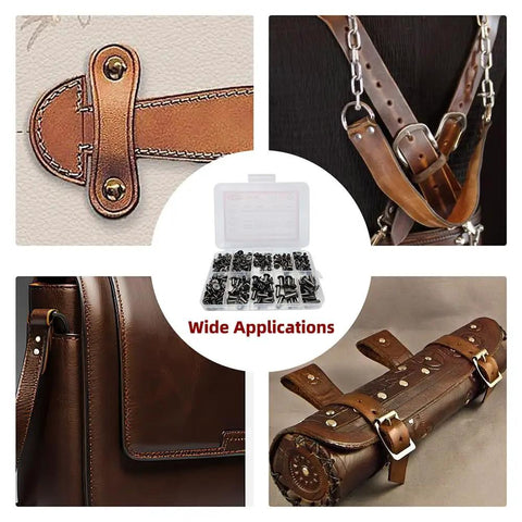 Badass Grip Chicago Screws And Round Flat Head Leather Rivets Assortment Pack With Slick Dark Steel Coating Plus Eight Size Options To Handle Any Heavy Craft Work Or Footwear Fix Right Up showcased in various applications on leather bags.