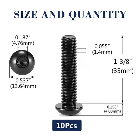 5/16-18 X 1-3/8 Inch Button Head Socket Cap Bolts 10 Pc 304 Stainless Steel 18-8 Allen Hex Drive Black Oxide showing size details.