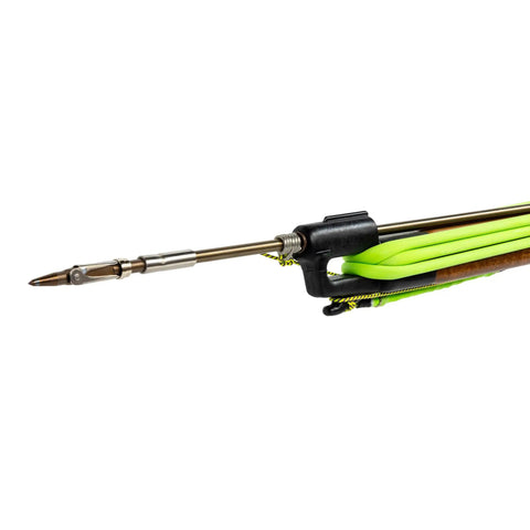Close-up of Woody Magnum Speargun For Spearfishing And Freediving Handpicked African Mahogany Barrel Stainless Steel Shaft Easy Stretch Bands