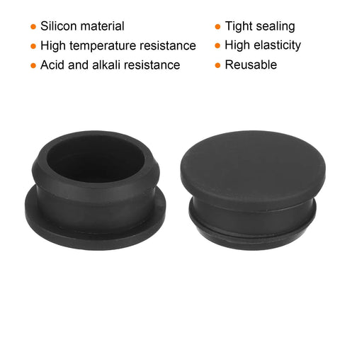 Hella Sturdy Snap In Round Silicone Hole Plugs Badass Locking Grip Waterproof Flush Mount Rubber Panel Seals For 27 mm Kitchen Cabinetry And Electronic Projects Pack Of Four, showcasing two black silicone plugs.