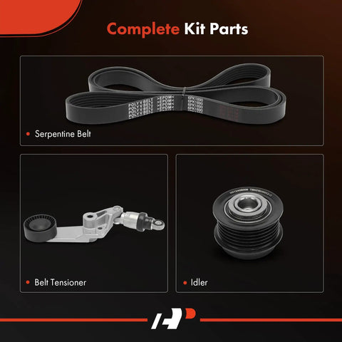 Toyota Serpentine Drive Belt Kit with Tensioner and Idler Pulley for Corolla Matrix Celica 2003 to 2008 1.8L Engines layout.