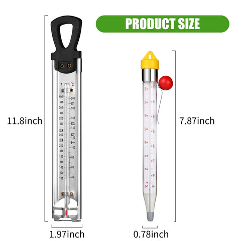 Size comparison of two candy thermometers. Upgraded Candy Thermometer With Pot Clip And Hanging Hook Stainless Steel Deep Fry Oil Thermometer With Six Stages From Soft Ball To Hard Crack Instant Read Food Thermometer For Candy Oil Frying Jam Syrup And Jelly on the left measures 11.8 inches by 1.97 inches.