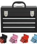 Three Drawer Portable Tool Box With Locking System, Steel Construction, Smooth Glide Drawers, Liner Included, black color.