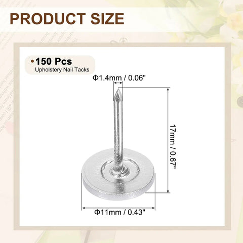 Grab and Go Upholstery Tacks Kit: 150 Pcs Decorative Furniture Nails Push Pins, 11mm x 17mm Flat Head iron tacks, dimensions shown.