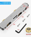 Heavy Duty Stainless Steel Sliding Door Rollers With Double Copper Pulleys For Glass Bathroom Doors, shown with screws and hex key.