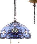 Tiffany Style Pendant Light Fixture With Blue Purple Baroque Stained Glass Wide 16 Inch Shade 40 Inch Hanging Height Antique Bronze Finish