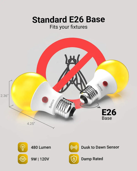 Yellow Outdoor A19 LED Bug Light Bulbs Dusk to Dawn Auto On Off Photocell Sensor 9W with E26 Base illustration