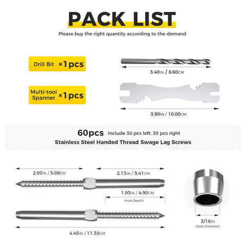 Marine Grade T316 Stainless Steel Cable Railing Hardware Kit For Wood Posts With Right And Left Handed Thread Swage Lag Screws