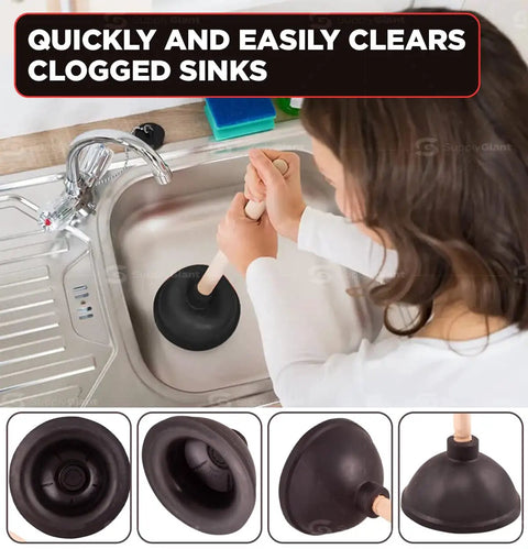 Person using heavy duty toilet plunger with 18 inch wooden handle ultra strong suction cup rubber on sink drain