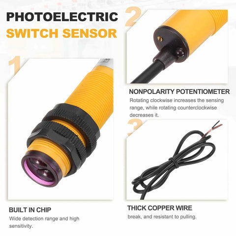 Industrial Diffuse Reflection Photoelectric Sensor M18 7 To 50 Cm Detection Range NPN Normally Open Output DC 6 To 36V 300 mA
