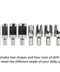 Rock Solid Eight Piece Wood Plug Cutter And Taper Drill Bit Set Forged From Heavy Carbon Steel With Titanium Coating For Chuck Friendly Grip And Crisp Precision Peg Cuts Includes various drill bit sizes.