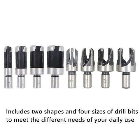 Rock Solid Eight Piece Wood Plug Cutter And Taper Drill Bit Set Forged From Heavy Carbon Steel With Titanium Coating For Chuck Friendly Grip And Crisp Precision Peg Cuts Includes various drill bit sizes.