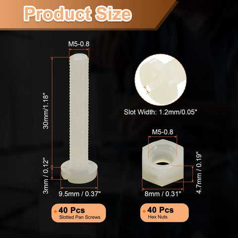 Hella Tough White M5 Nylon Screw And Hex Nut Assortment Kit 40 Sets showing 30mm slotted pan screws and hex nuts sizes.