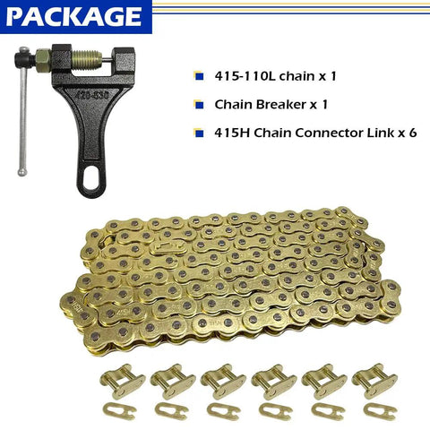 Gold Chain With Connector Link For 49cc 60cc 66cc 80cc 2 Stroke Motorized Bicycle Heavy Duty Racing Chain With Six Chain Links And Chain Breaker Tool For Quick Maintenance package contents