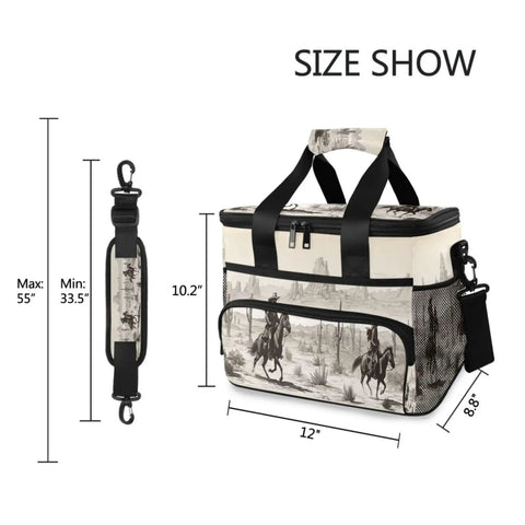 Desert Cowboy Style Go To Insulated Lunch Bag With Shoulder Strap 15L size dimensions shown: 12x8.8x10.2 inches.