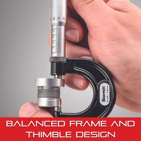 Tube Micrometer With One Piece Spindle For Fast Pro Grade Precision On 0 To 1 Inch Range Satin Chrome Finish And Quick Adjustment Sleeve Design Built To Last Heavy Duty Steel Frame Rust Resistant 569AXP handheld showing measurement
