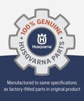 Image of a badge stating 100% Genuine Husqvarna Parts, with a note about manufacturing to factory specifications.