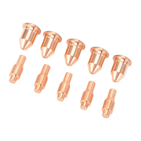 Ultimate 13PC Plasma Cutting Consumables Kit With Tough Nozzles For Harbor Freight 45A Welder showing five nozzles and five electrodes.