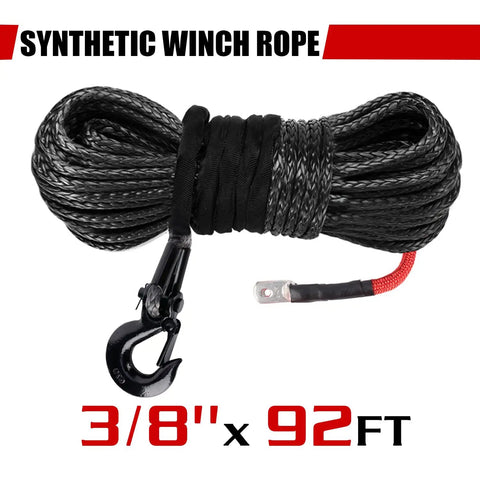 Beefed Up Heavy Duty Synthetic Winch Rope Three Eighths Inch Diameter Ninety Two Feet Long For 25000 Lb Recovery with hook