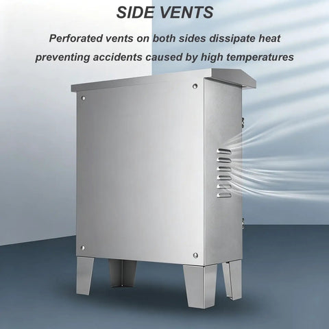 Heavy Duty 304 Stainless Steel Electrical Enclosure Box With Secure Safety Latch And Wall Mounting Plate showing perforated side vents for heat dissipation.
