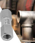 Stainless steel air check valve with 1/4 in female thread; split view shows left hex body and right installed on pipe