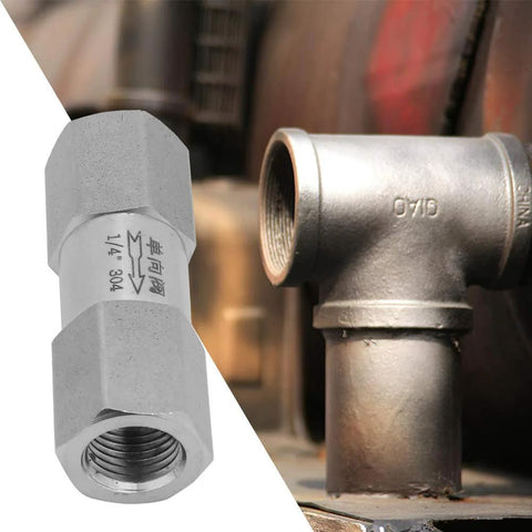 Stainless steel air check valve with 1/4 in female thread; split view shows left hex body and right installed on pipe