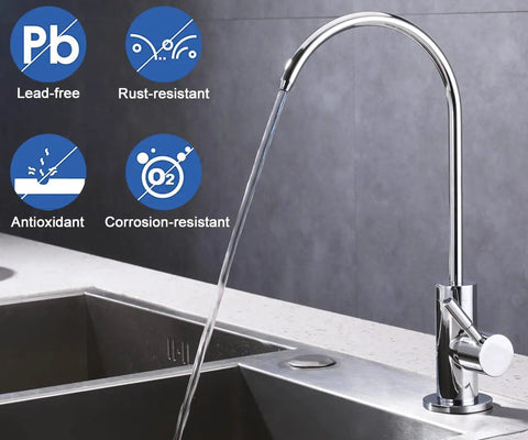 Lead-Free Drinking Water Faucet for Home RO Systems, Premium Stainless Steel 304 Body With Polished Chrome Finish, flowing water.