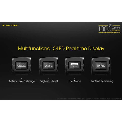 OLED display features of Tup 1000 Lumen Rechargeable EDC Flashlight With Digital Display And LumenTac Usb Charging Cable