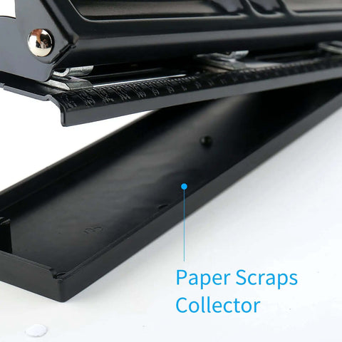 Close-up of Compact Handheld 3 Hole Puncher With Metal Body showing paper scraps collector, adjustable 3 or 4 hole spacing feature