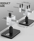 Mini Tabletop Vise That Converts to Handheld, aluminum build, dimensions and adjustable clamp range shown