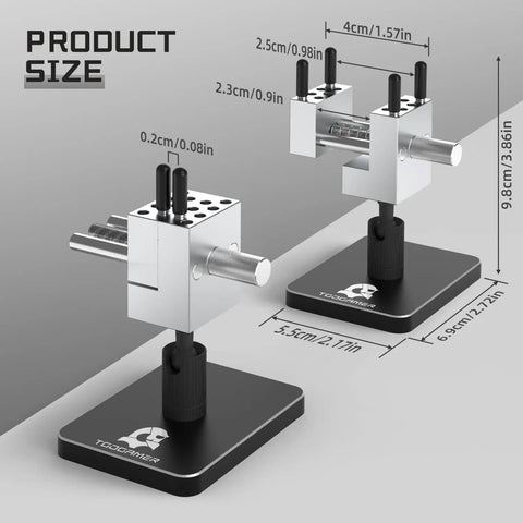 Mini Tabletop Vise That Converts to Handheld, aluminum build, dimensions and adjustable clamp range shown