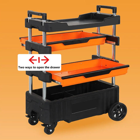Heavy Duty Four Shelf Rolling Tool Cart With Handle A Real Workhorse For Garage Or Warehouse Portable Removable Tool Trolley With Drawers You Can Open From Front And Back, side view of 4-shelf cart with orange drawers and rubber wheels