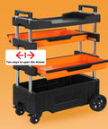Folding Four Shelf Rolling Tool Cart With Removable Trolley Heavy Duty On Wheels Service Center For Garage Warehouse And Cleaning Jobs Dual Access Drawers And Stackable Storage, open drawer view