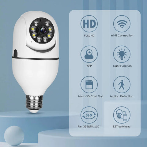 Wireless Security Camera With 5GHz And 2.4GHz WiFi HD Live View E27 Socket Spotlight Mount showing features