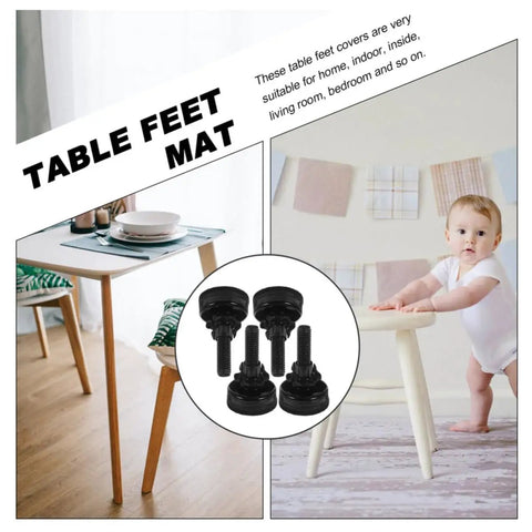 Adjustable Furniture Support Legs Set For Sofa Cabinet And Table shown on dining table with black plastic leveling feet