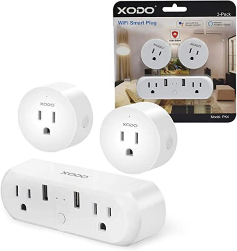Ditch That Clunky Power Strip With This Absolute Game Changer Smart Outlet Featuring Four Plugs And Three Usb Ports For Frictionless App Control Of Lamps Fans And Electronics, showing three smart plugs in white.