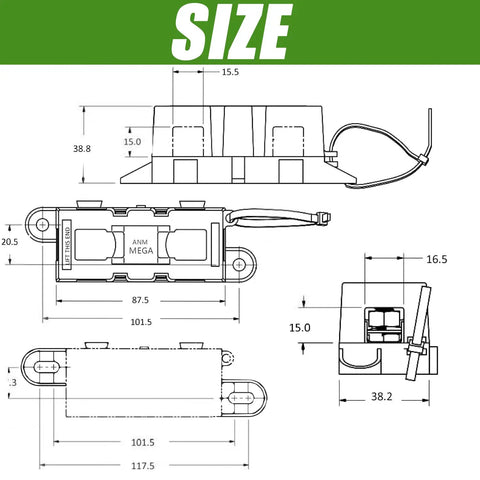 Technical drawing of Bulletproof Mega Fuse Holder For Anm Bolt On Amp Power Management With M8 Hardware, dimensions included.