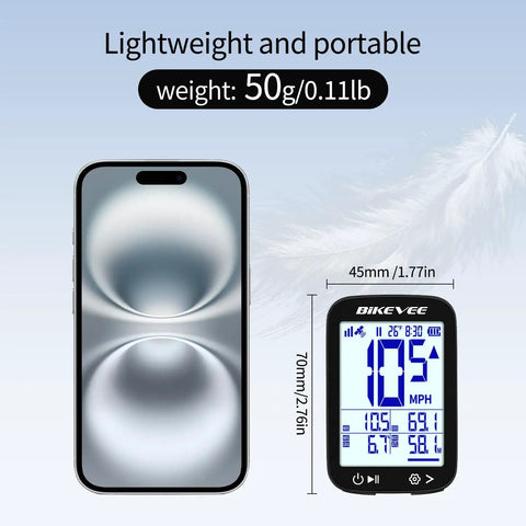 Image showing GPS Bike Computer With Auto Backlight For Road And Mountain Riding Wireless Cycling Computer compared to a smartphone, highlighting size and weight.